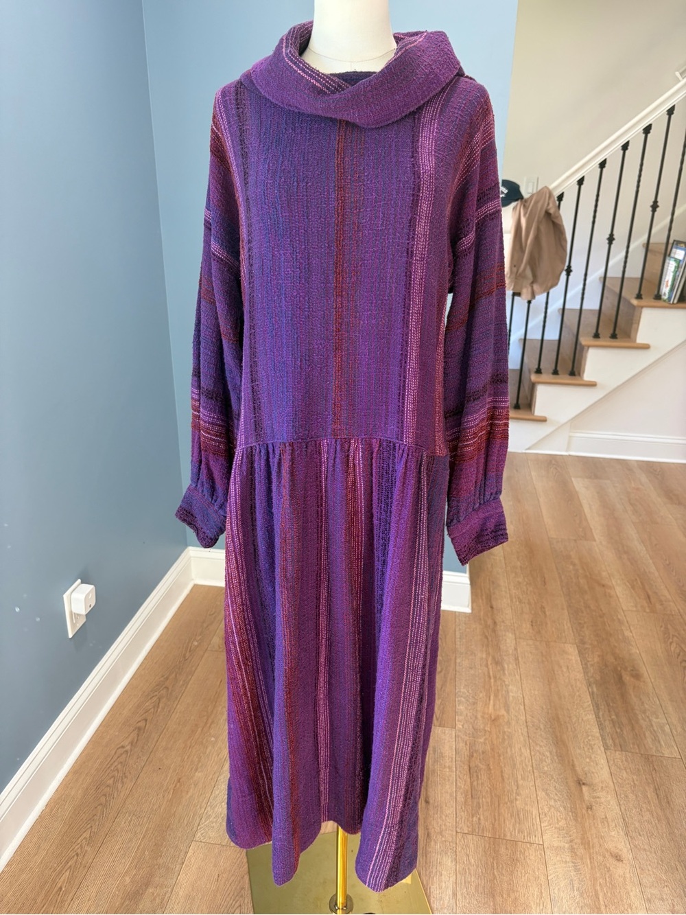 Marianne Purple Woven Stripe Cowl Neck Drop Waist Midi Sweater Dress Boho